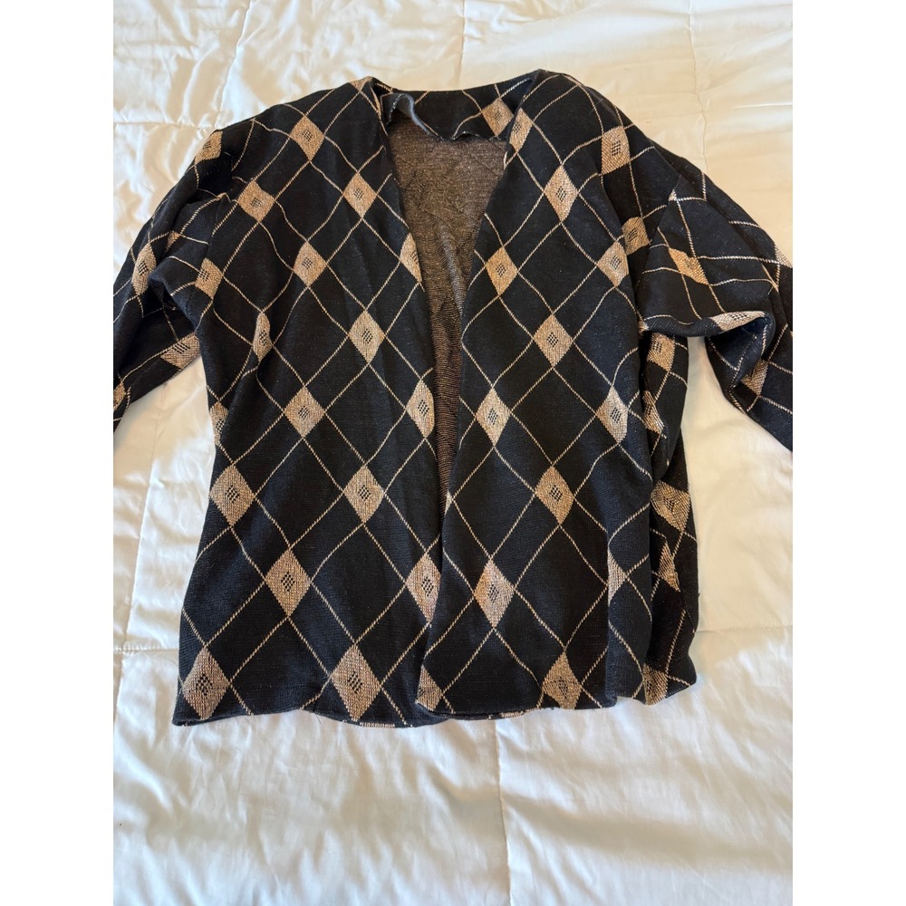 AT Sport Argyle Open Front Cardigan Black Tan Metallic Knit Sweater XL